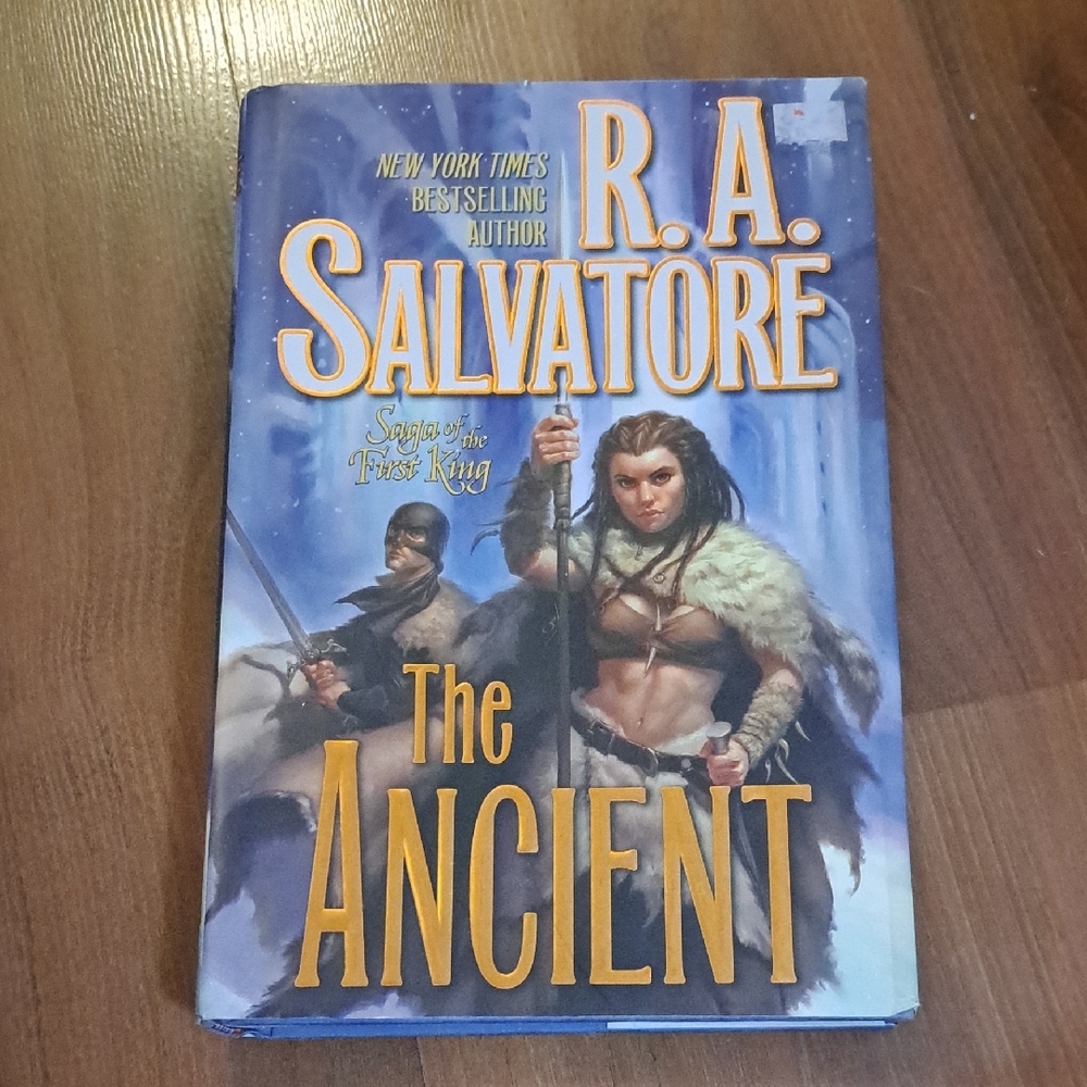 'The Ancient' Book Cover in Blue and Gold. R.A. Salvatore.